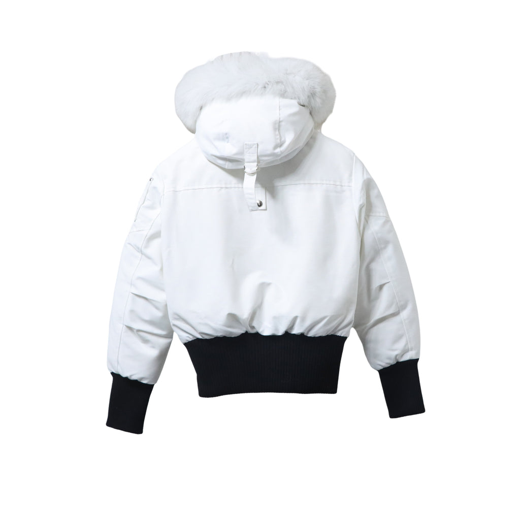 Moose Knuckles White Pom-Pom Hooded Cropped Bomber Jacket