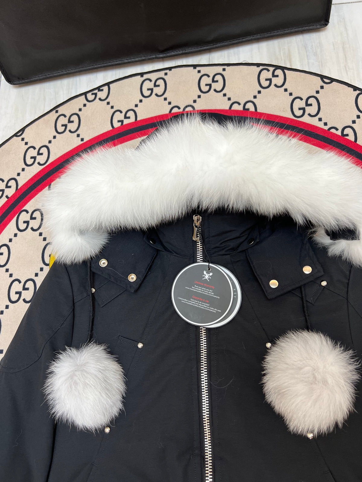 Moose Knuckles Black Pom-Pom Hooded Cropped Bomber