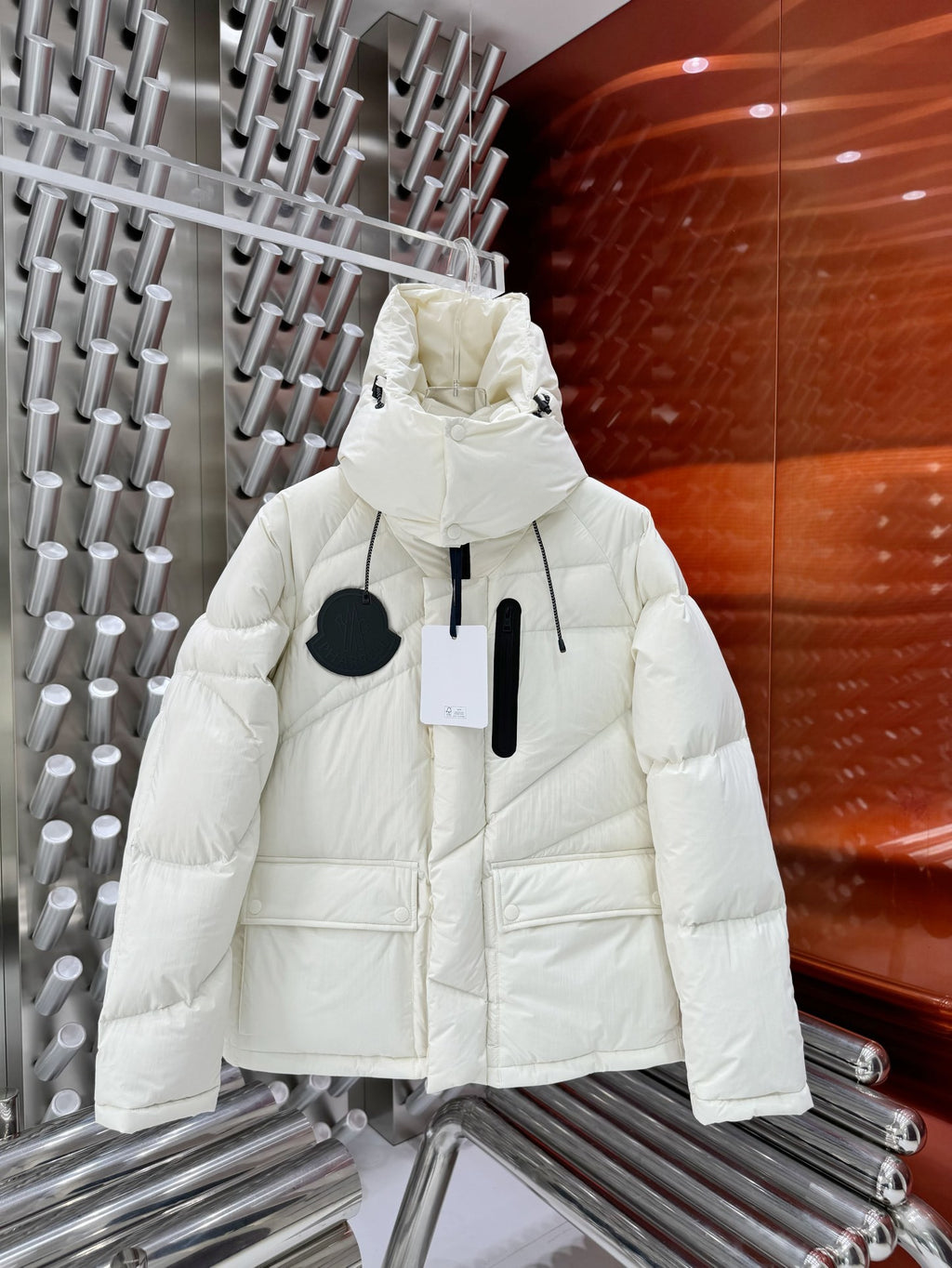 Moncler Ivory White Diagonal-Quilt Hooded Puffer Jacket