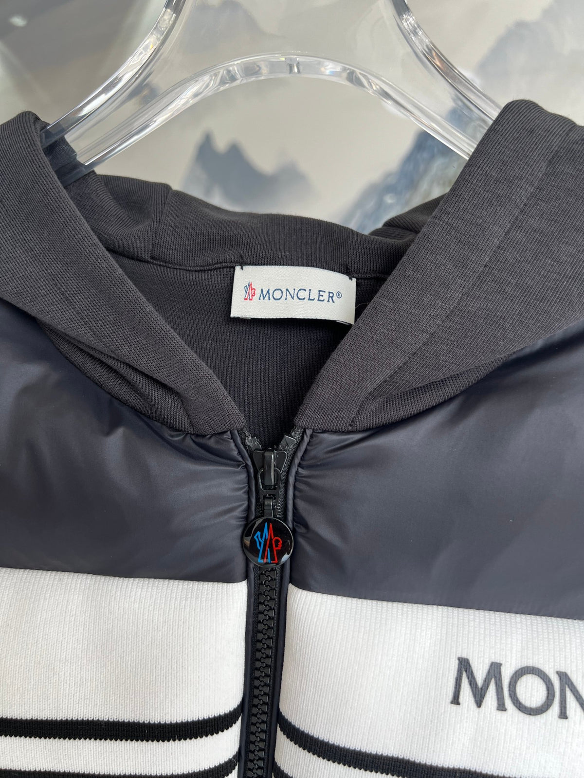 Moncler Black Quilted Front Striped Zip-Up Hoodie