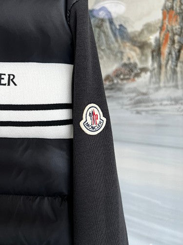 Moncler Black Quilted Front Striped Zip-Up Hoodie
