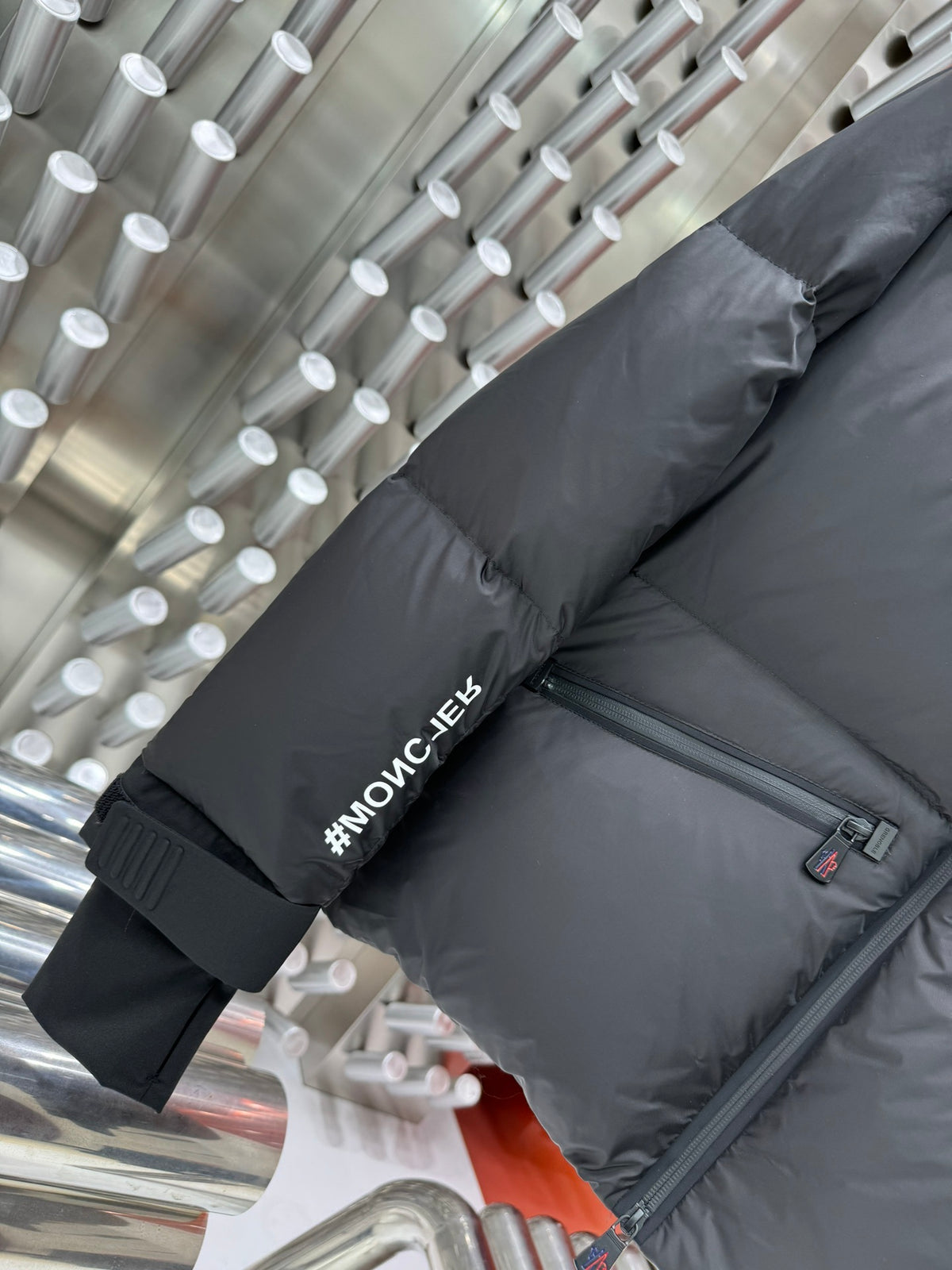 Moncler Charcoal Gray Graphic Stand-Collar Puffer Jacket