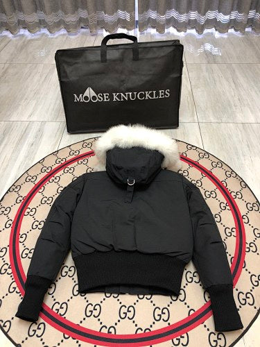 Moose Knuckles Black Pom-Pom Hooded Cropped Bomber