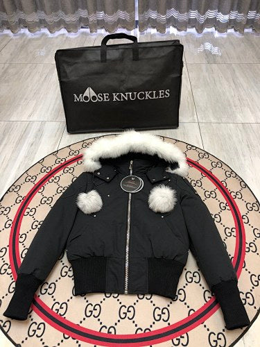 Moose Knuckles Black Pom-Pom Hooded Cropped Bomber
