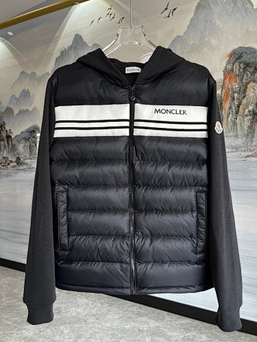 Moncler Black Quilted Front Striped Zip-Up Hoodie