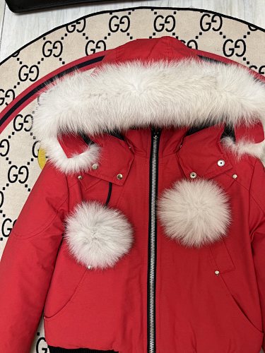 Moose Knuckles Red Pom-Pom Hooded Cropped Bomber