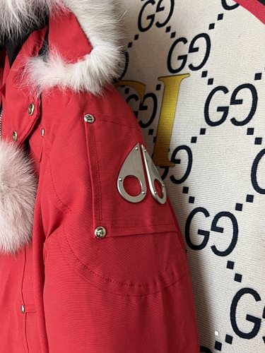 Moose Knuckles Red Pom-Pom Hooded Cropped Bomber