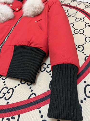 Moose Knuckles Red Pom-Pom Hooded Cropped Bomber