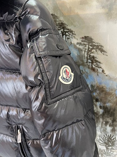 Moncler Black Glossy Hooded Sleeve-Pocket Puffer Jacket
