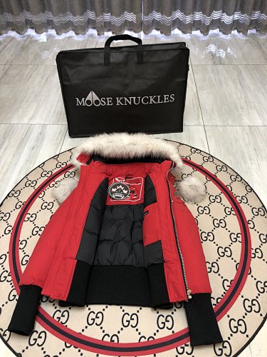 Moose Knuckles Red Pom-Pom Hooded Cropped Bomber