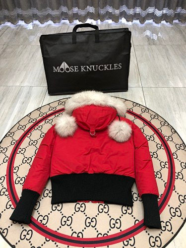 Moose Knuckles Red Pom-Pom Hooded Cropped Bomber