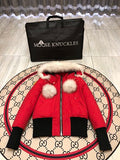 Moose Knuckles Red Pom-Pom Hooded Cropped Bomber