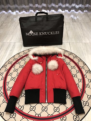 Moose Knuckles Red Pom-Pom Hooded Cropped Bomber