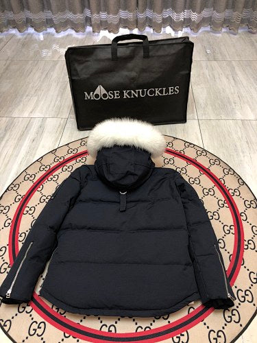 Moose Knuckles Navy Blue Plush-Trim Hooded Puffer Jacket