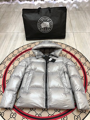 Canada Goose Silver Glossy Hooded Puffer Jacket
