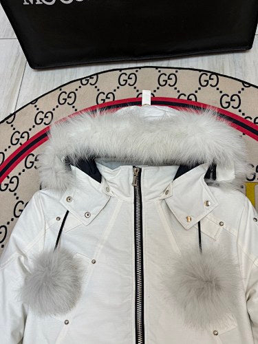 Moose Knuckles White Pom-Pom Hooded Cropped Bomber