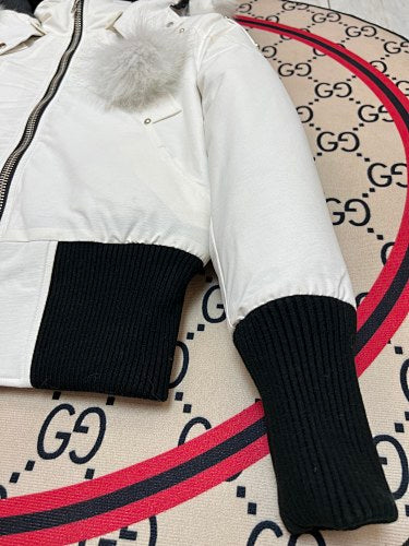 Moose Knuckles White Pom-Pom Hooded Cropped Bomber