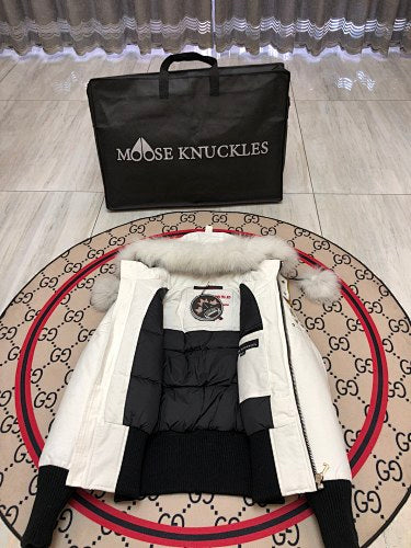 Moose Knuckles White Pom-Pom Hooded Cropped Bomber