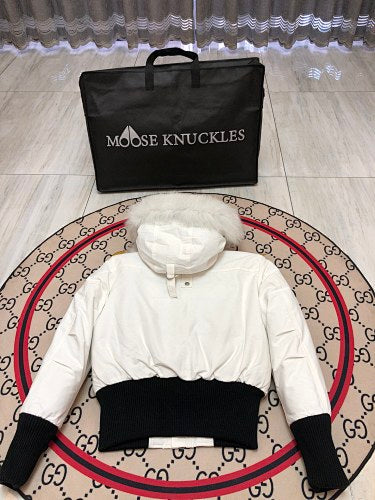 Moose Knuckles White Pom-Pom Hooded Cropped Bomber