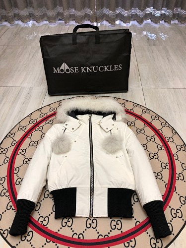 Moose Knuckles White Pom-Pom Hooded Cropped Bomber