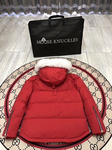 Moose Knuckles Red Plush-Trim Hooded Puffer Jacket