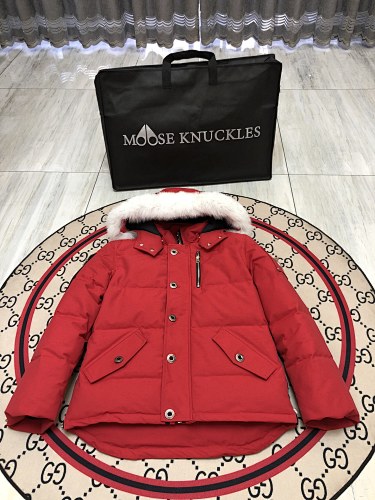 Moose Knuckles Red Plush-Trim Hooded Puffer Jacket
