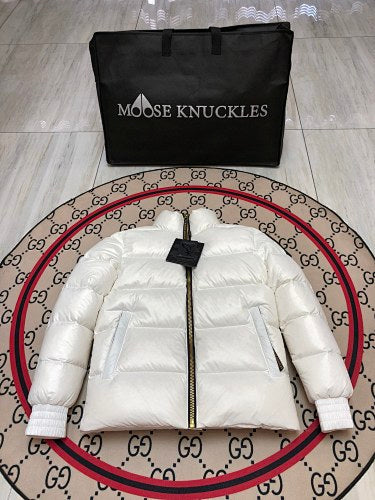 Moose Knuckles White Glossy Stand-Collar Puffer Jacket