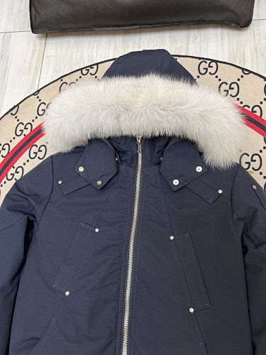 Moose Knuckles Navy Blue Plush-Trim Hooded Bomber Jacket