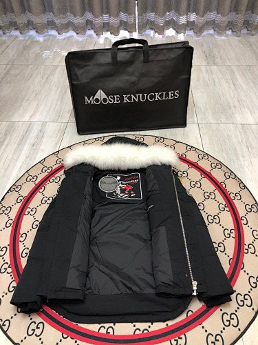 Moose Knuckles Black Plush-Trim Hooded Puffer Jacket