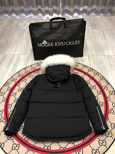Moose Knuckles Black Plush-Trim Hooded Puffer Jacket