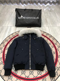 Moose Knuckles Navy Blue Plush-Trim Hooded Bomber Jacket