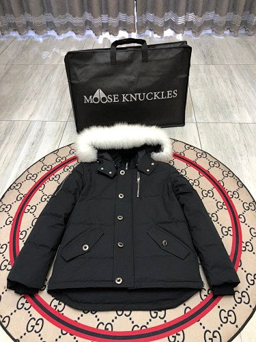 Moose Knuckles Black Plush-Trim Hooded Puffer Jacket