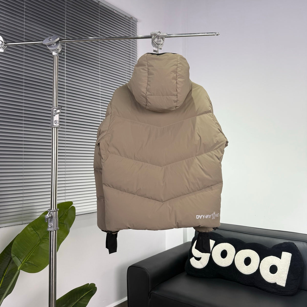 Moncler Sand Beige Chevron-Quilt Hooded Puffer Jacket
