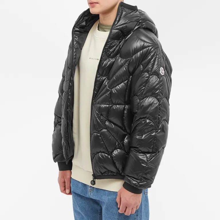 Moncler Black Glossy Radial-Quilt Hooded Puffer Jacket