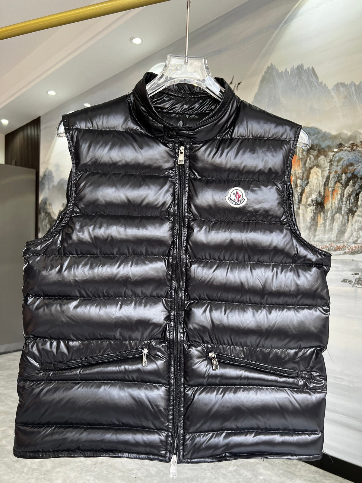 Moncler Black Glossy Quilted Zip-Pocket Puffer Vest