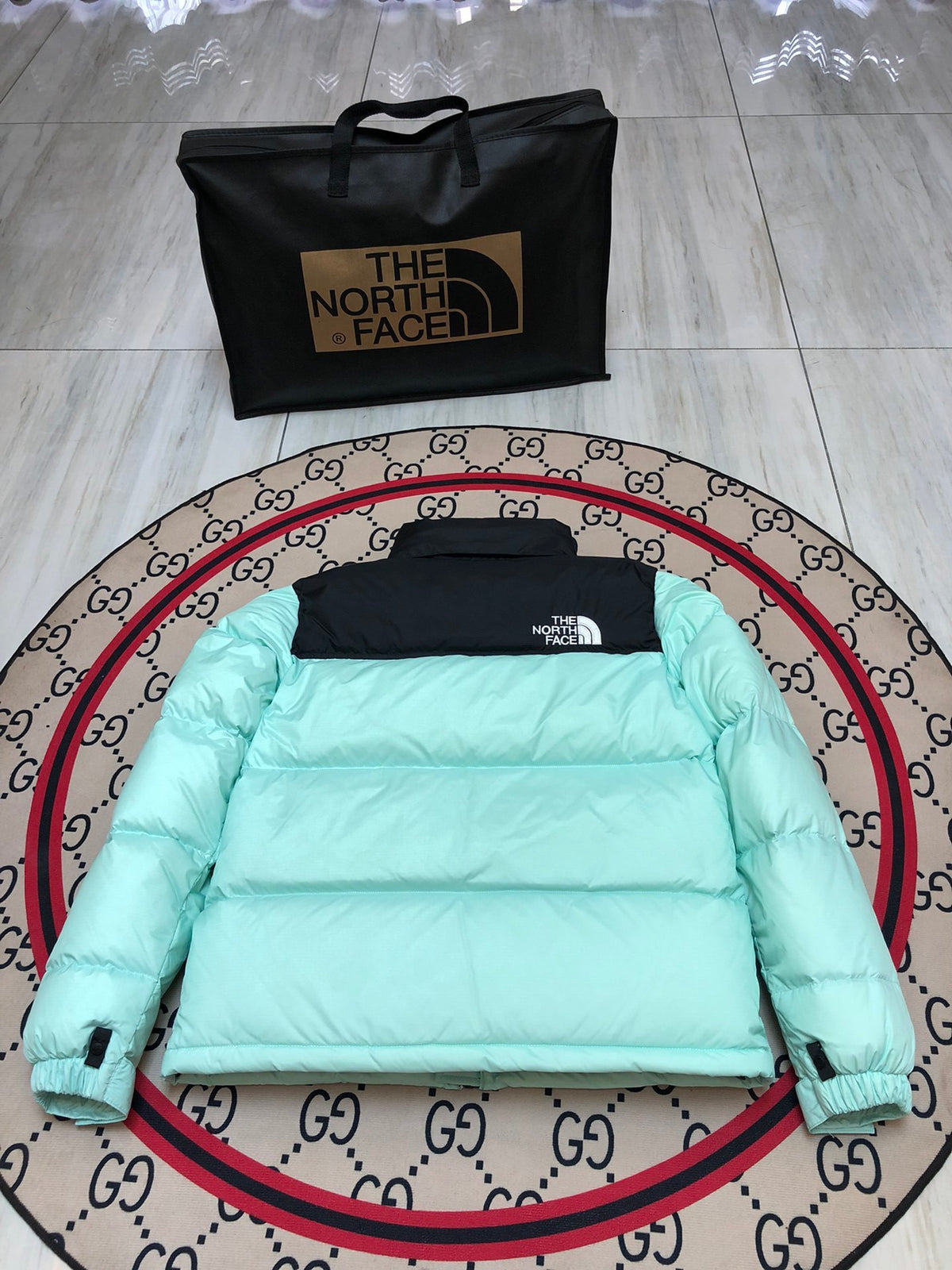 The North Face Mint Green Black Colorblock Puffer Jacket