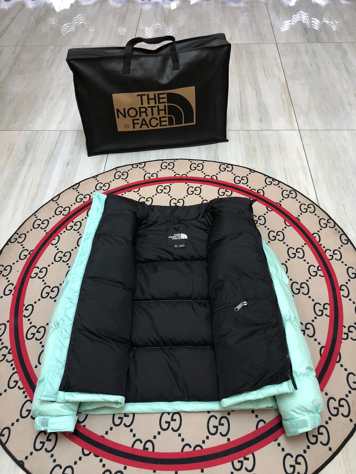 The North Face Mint Green Black Colorblock Puffer Jacket