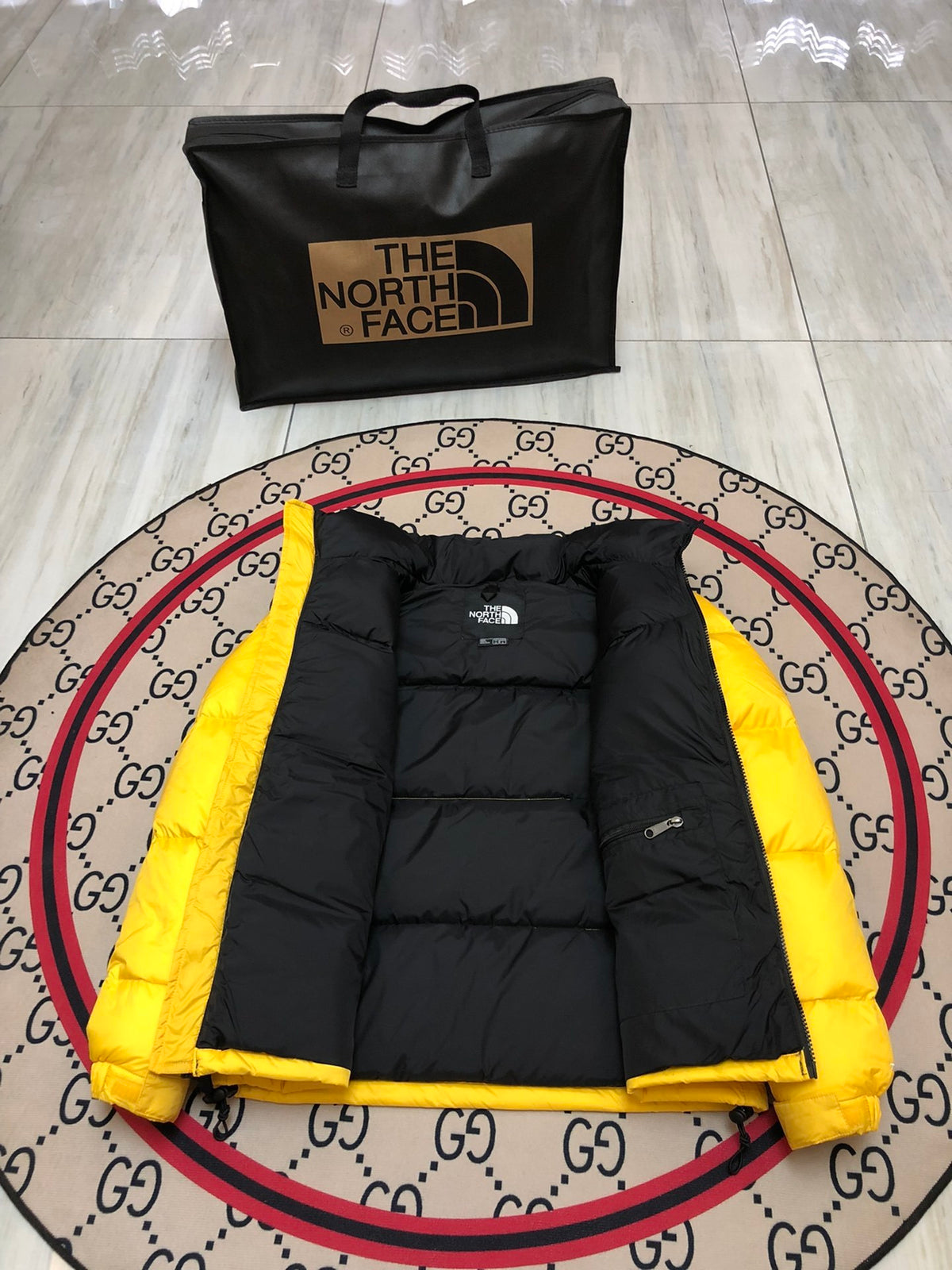 The North Face Yellow Black Colorblock Puffer Jacket