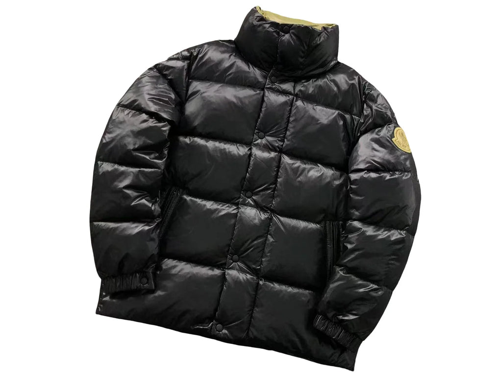 Moncler Black Glossy Olive-Badge Stand-Collar Puffer Jacket