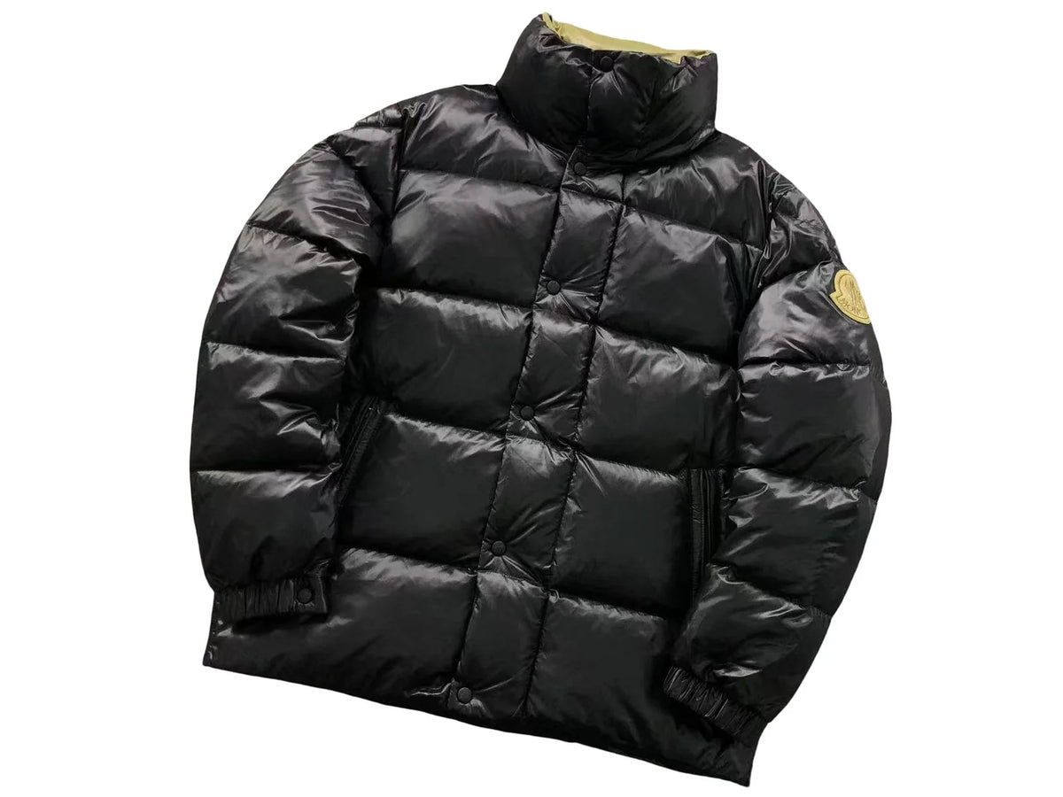 Moncler Black Glossy Olive-Badge Stand-Collar Puffer Jacket