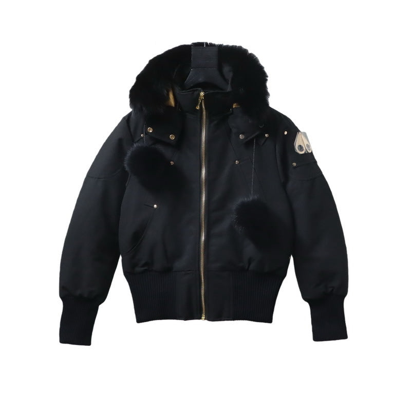 Moose Knuckles Black Pom-Pom Hooded Bomber Jacket