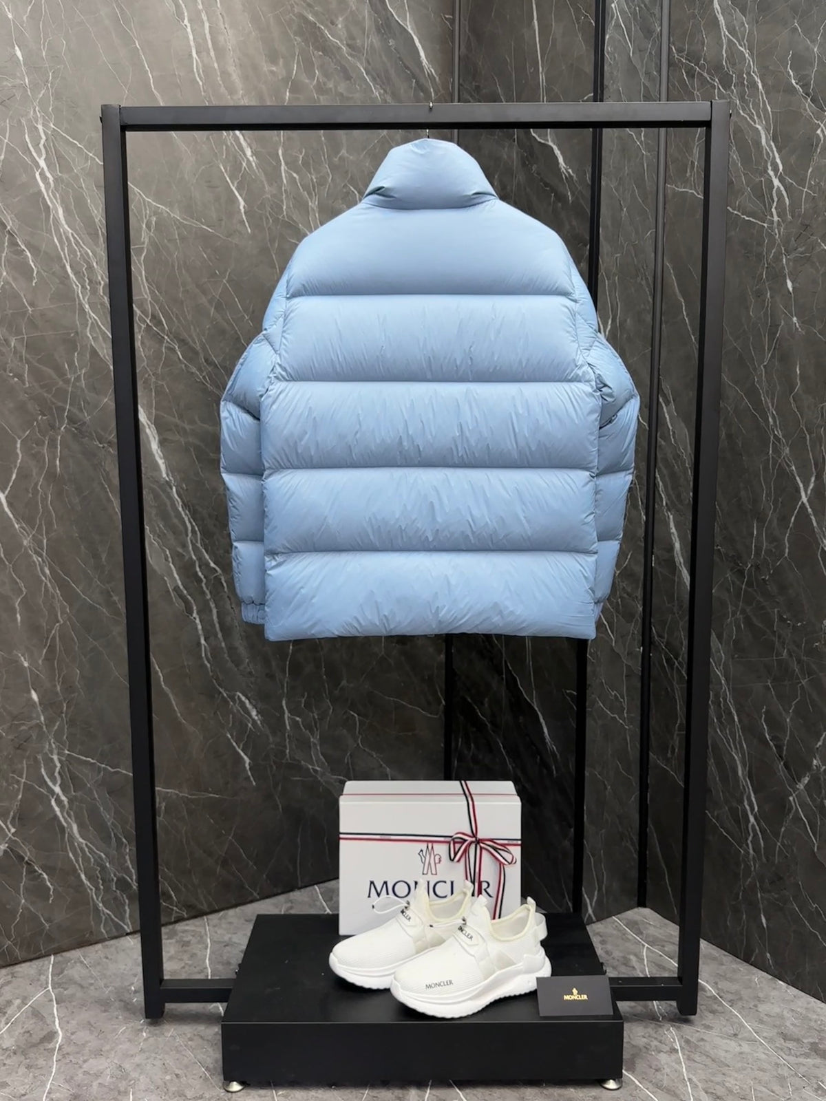 Moncler Light Blue Chest-Badge Stand-Collar Puffer Jacket