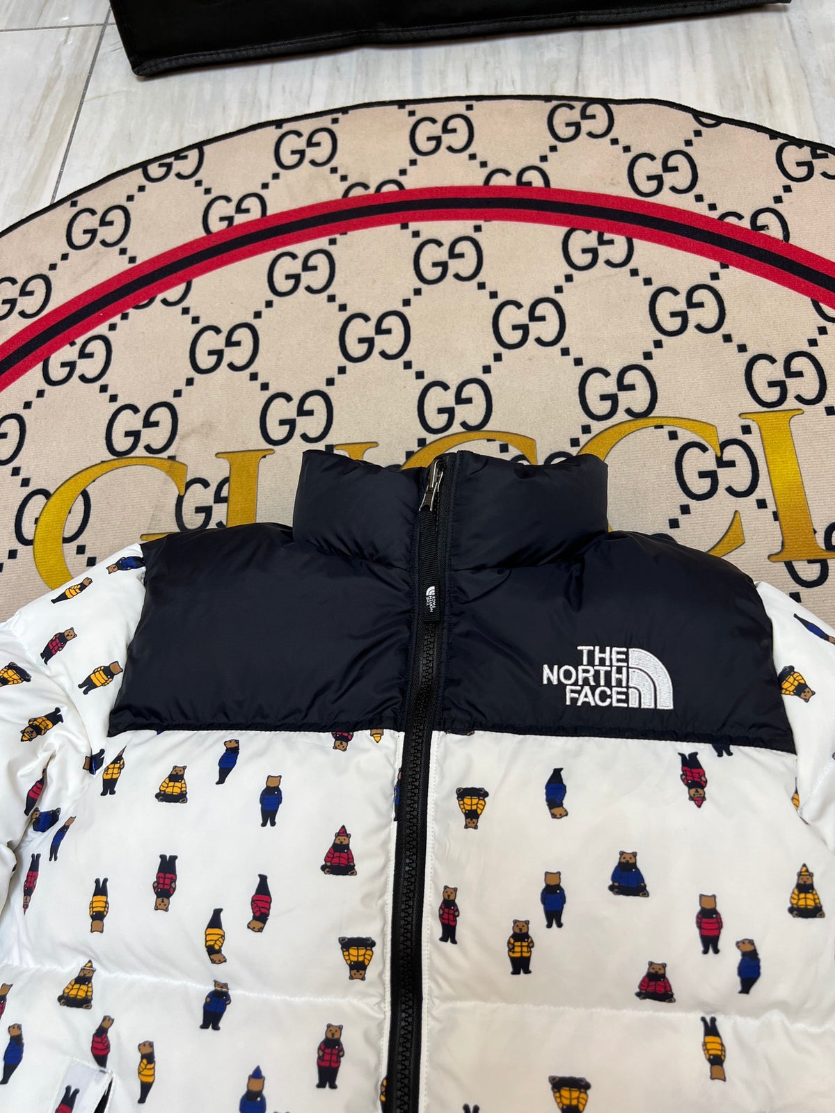 The North Face White Black Bear-Print Puffer Jacket
