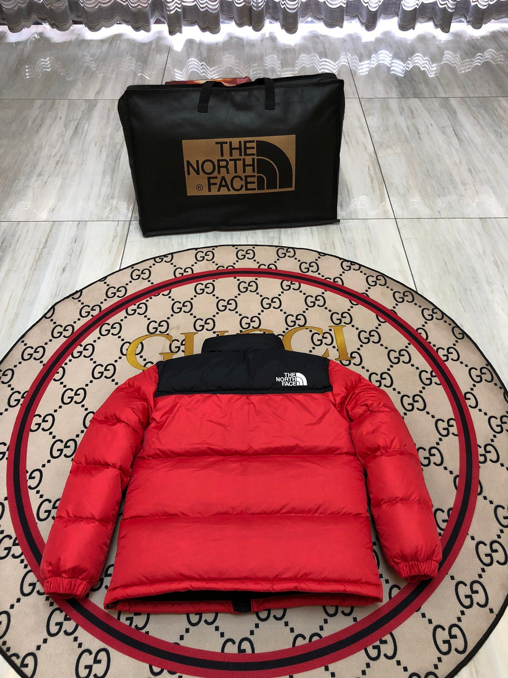 The North Face Red Black Colorblock Puffer Jacket