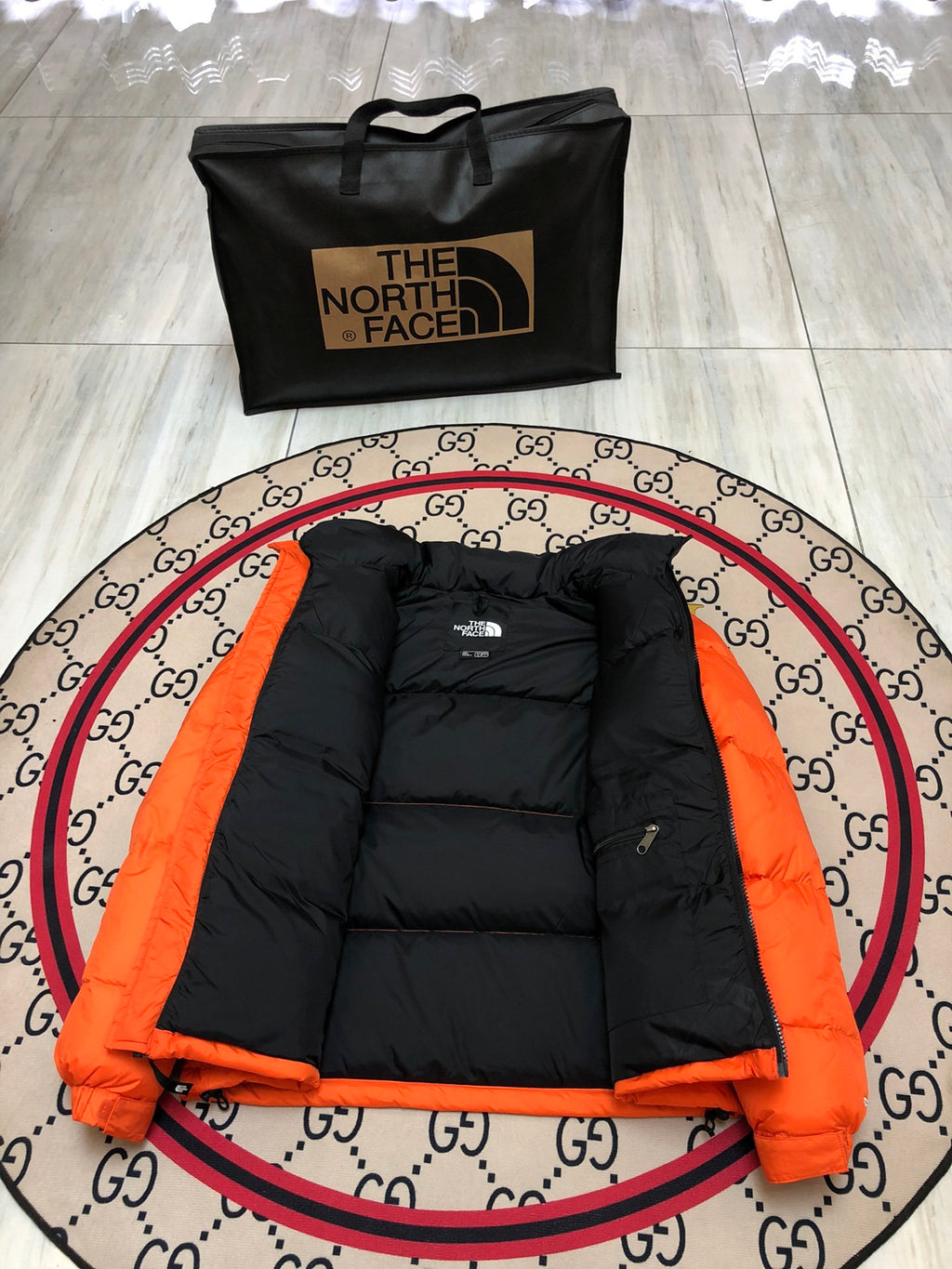 The North Face Orange Black Colorblock Puffer Jacket