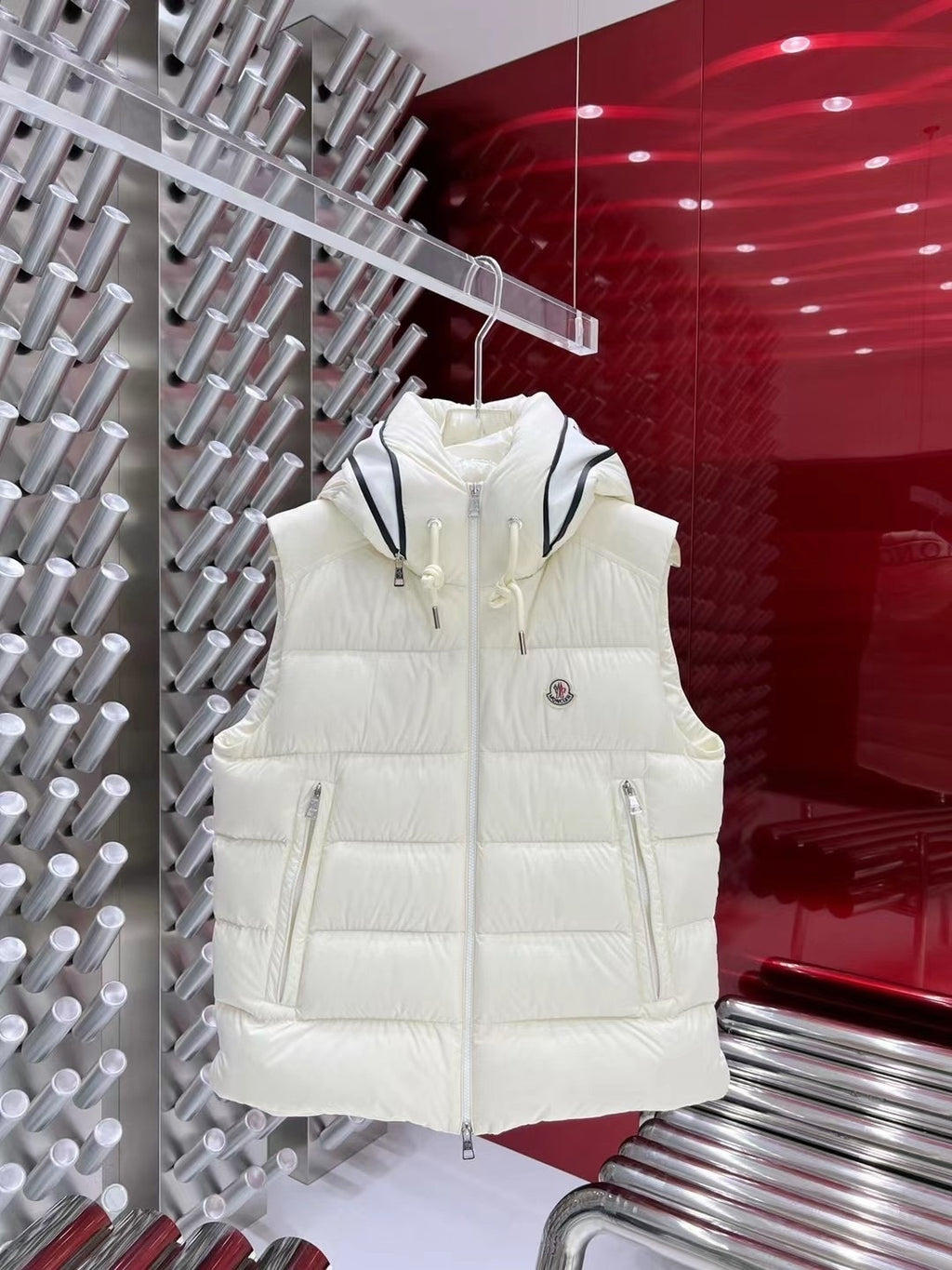Moncler Ivory White Hooded Quilted Puffer Vest