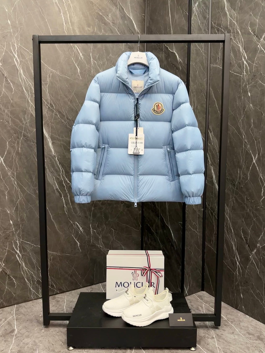 Moncler Light Blue Chest-Badge Stand-Collar Puffer Jacket