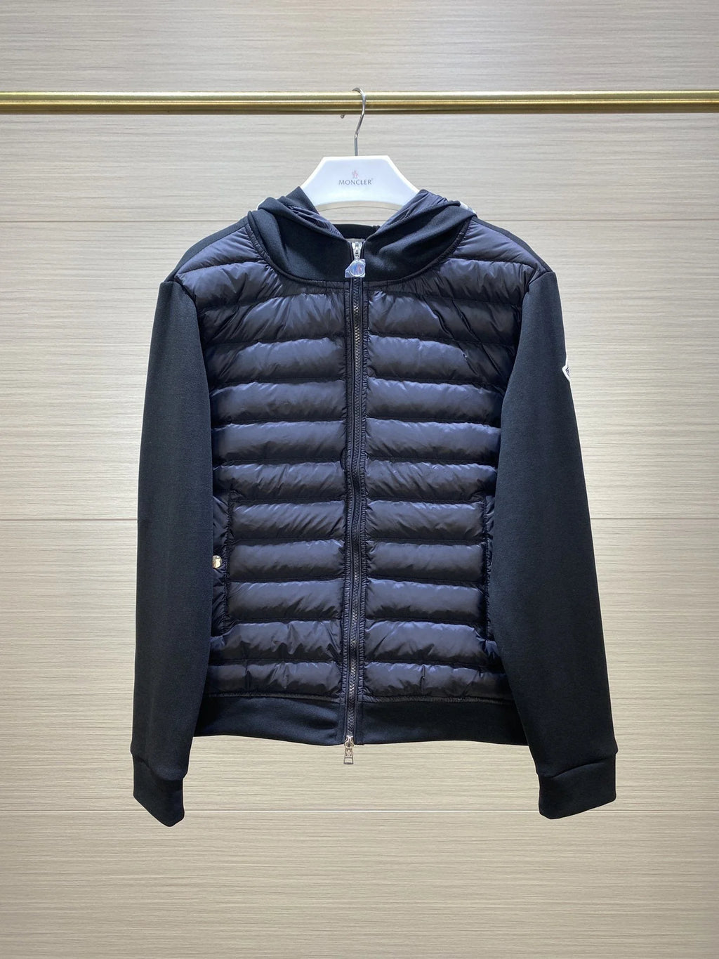 Moncler Black Quilted Front Striped Zip-Up Hoodie