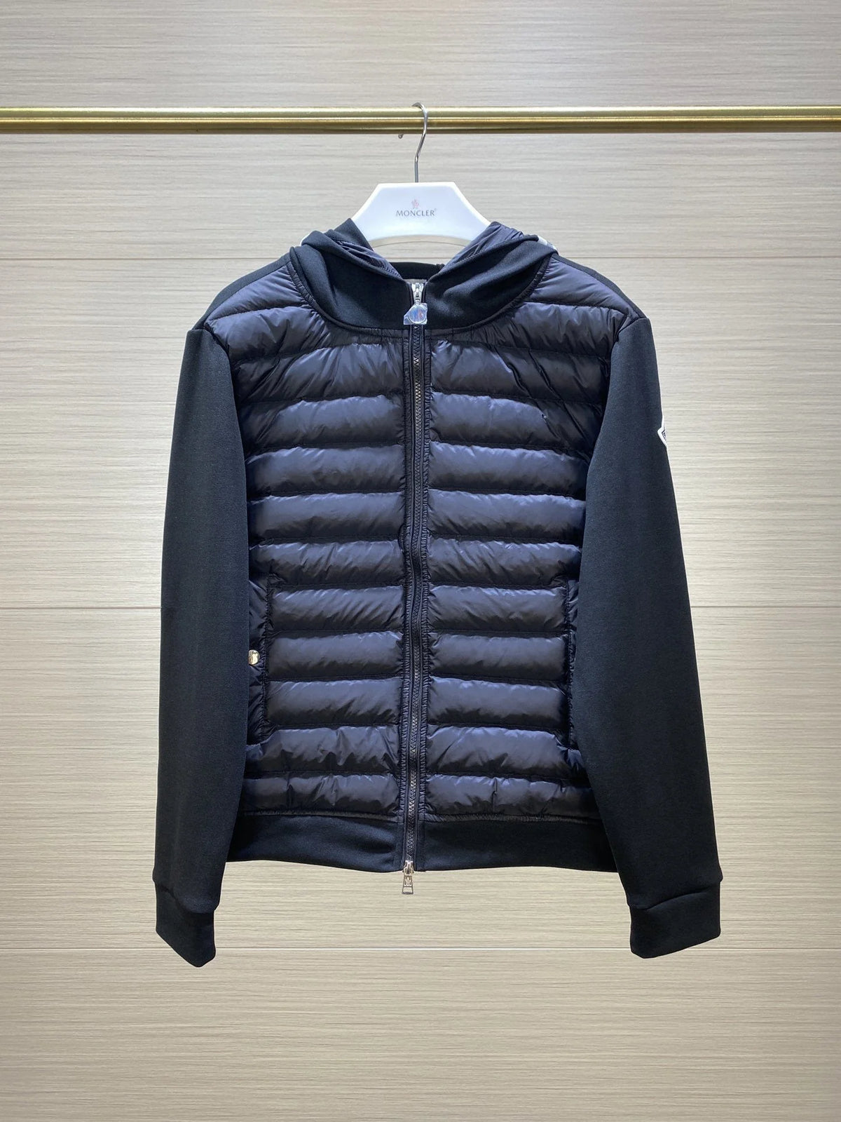 Moncler Black Quilted Front Striped Zip-Up Hoodie
