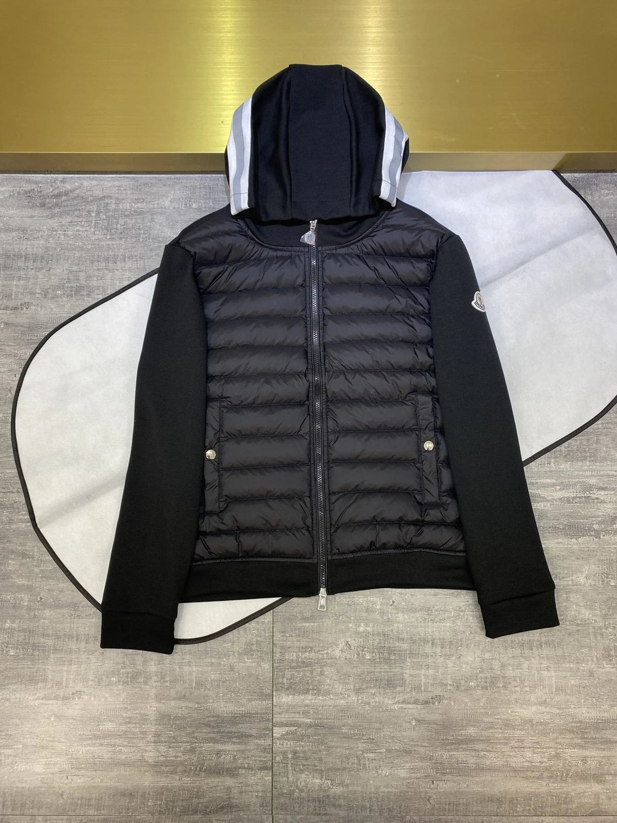 Moncler Black Quilted Front Striped Zip-Up Hoodie